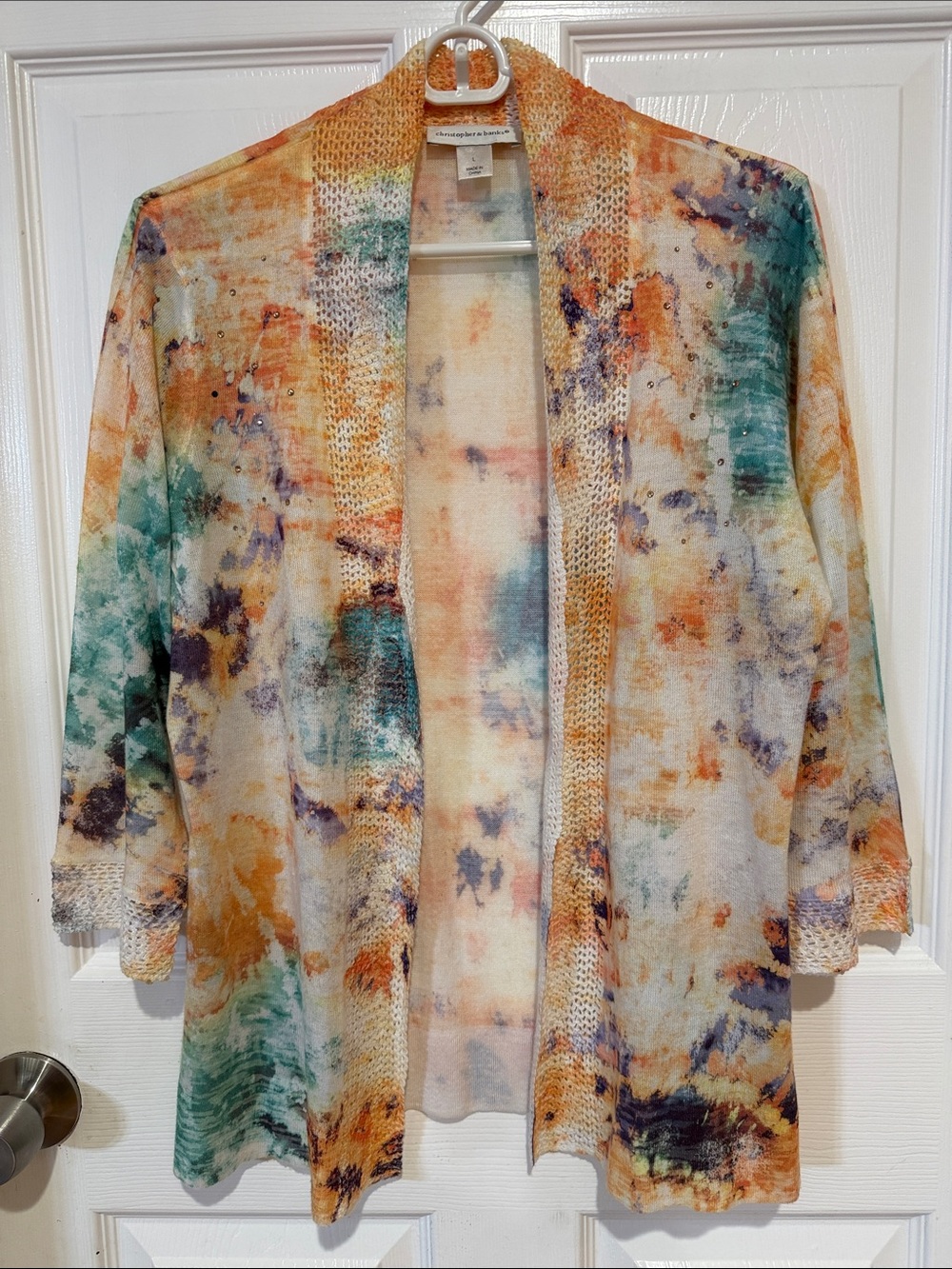 Christopher & Banks Multicolor Open-Front Watercolor Cardigan Size Large